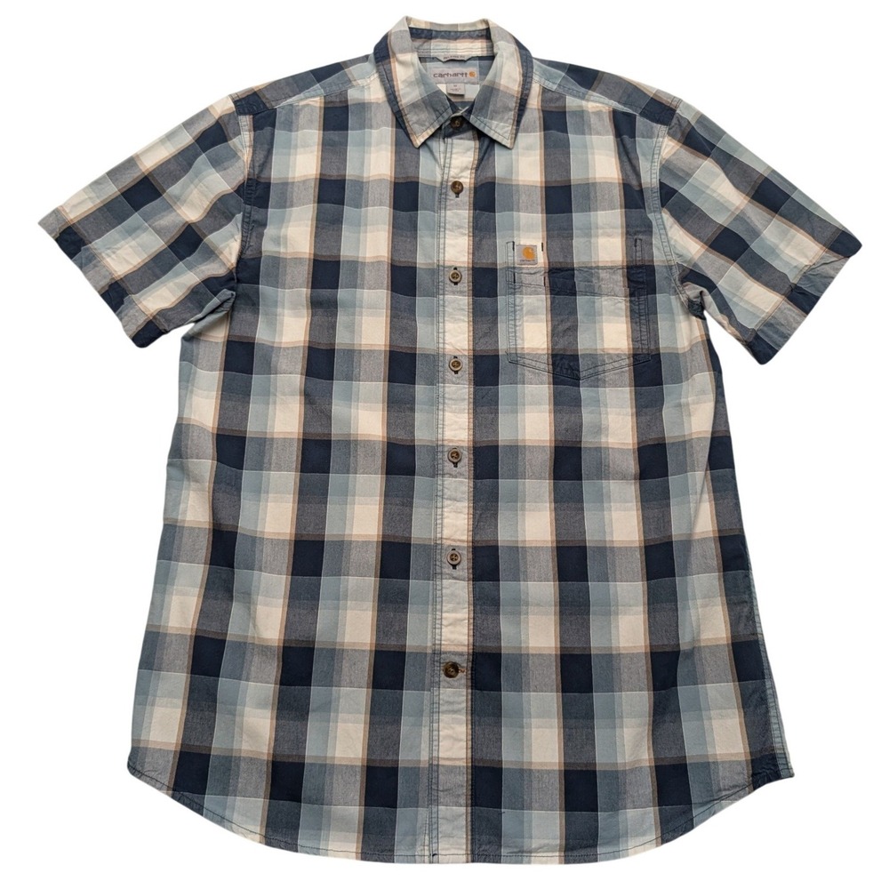 Carhartt Plaid Button Down Shirt Mens Medium‎ Blue Relaxed Fit Short Sleeve